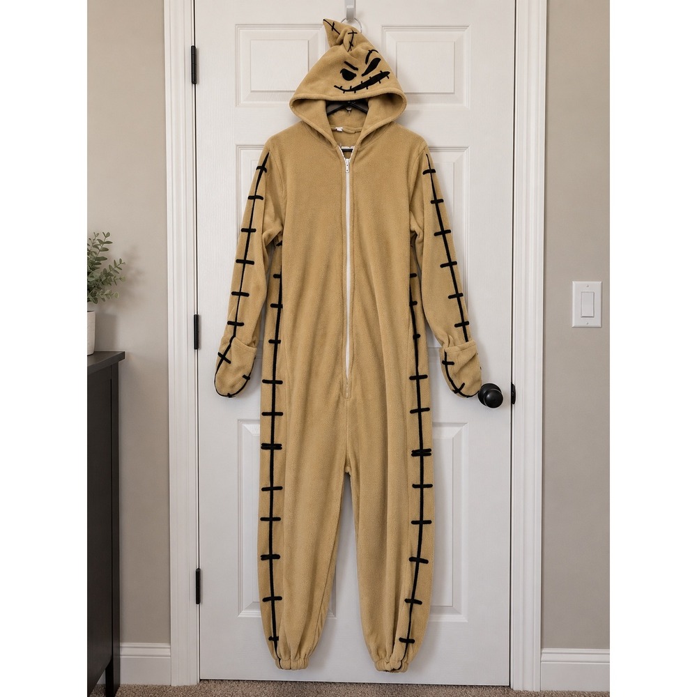 Adult Oogie Boogie Costume Nightmare Before Christmas Tan Fleece Jumpsuit Large